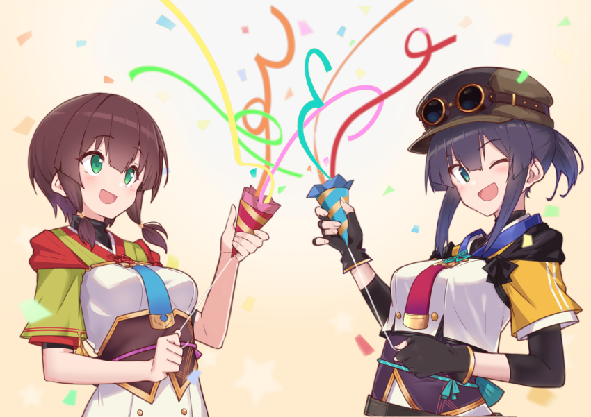 aqua_eyes, azu_ankoowl, black_gloves, black_hair, blue_kimono, bob_cut, brown_hair, confetti