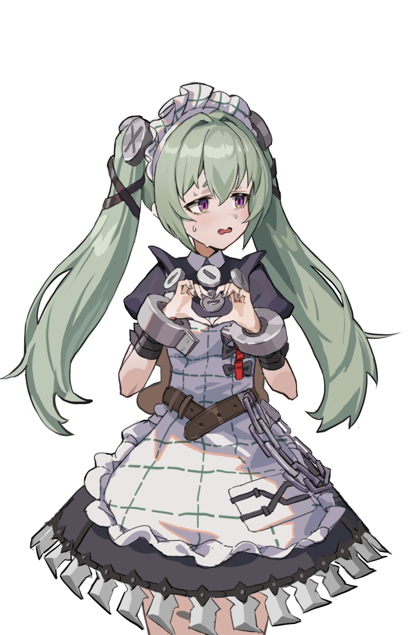 1girl, four-finger_heart_hands, apron, belt, black_bow, black_dress, black_nails, bow, brown_belt, chain, chinese_commentary, collared_dress, commentary, commentary_request, corin_wickes, cuffs, dress, english_commentary, frilled_apron, frills, green_hair, hair_between_eyes, hands_up, heart_hands, highres, kkkaneko_1360685303, long_hair, looking_to_the_side, maid, maid_apron, maid_headdress, mixed-language_commentary, open_mouth, puffy_short_sleeves, puffy_sleeves, purple_eyes, screw_hair_ornament, short_sleeves, simple_background, solo, standing, sweat, twintails, white_apron, white_background, zenless_zone_zero
