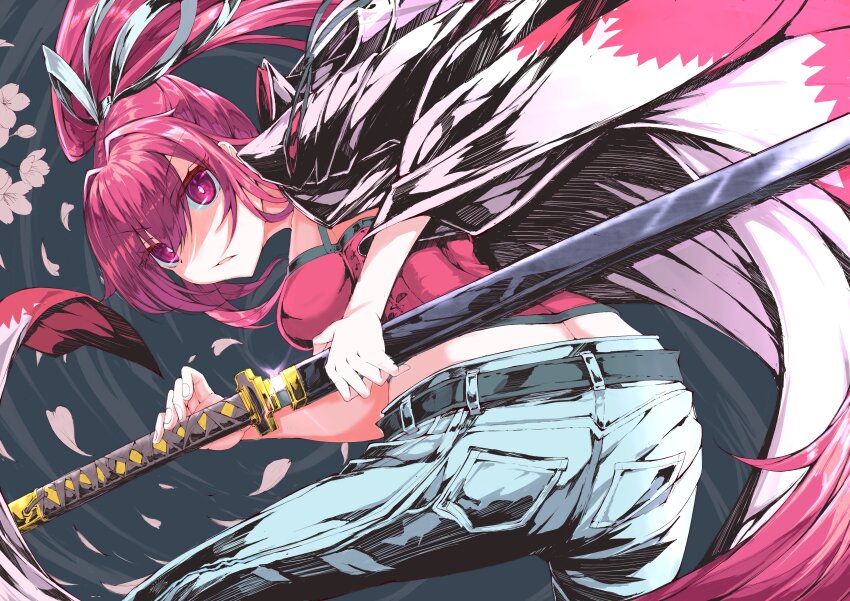 1girl, 966982, absurdres, breasts, hair_intakes, hair_ribbon, highres, jacket