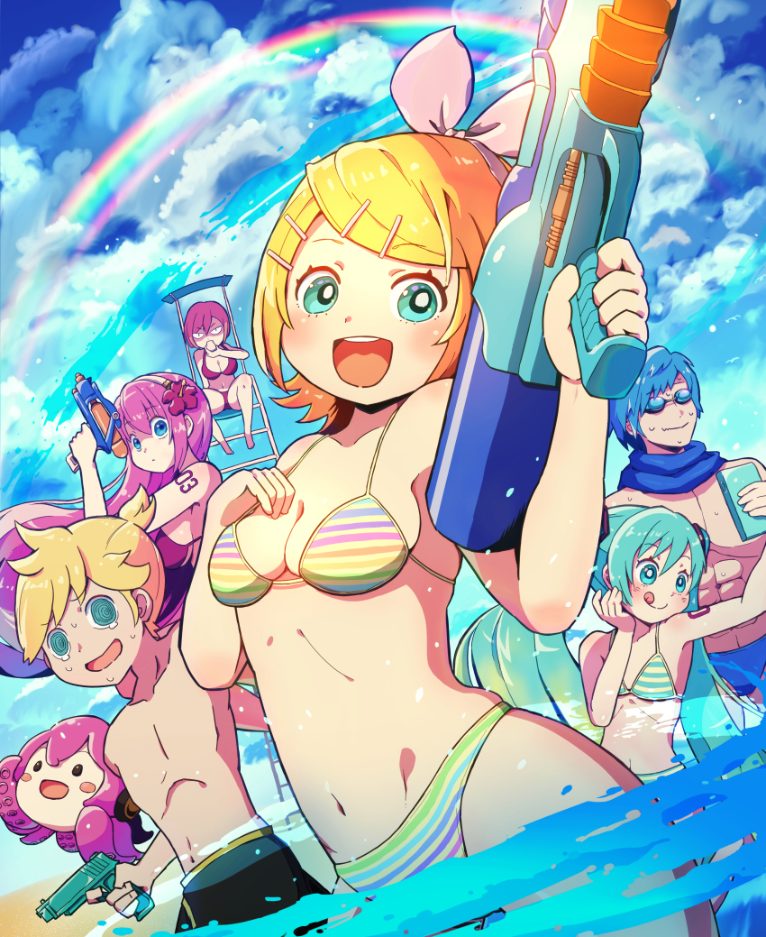 2boys, 4girls, @_@, absurdres, aqua_eyes, aqua_hair, bare_shoulders, beach