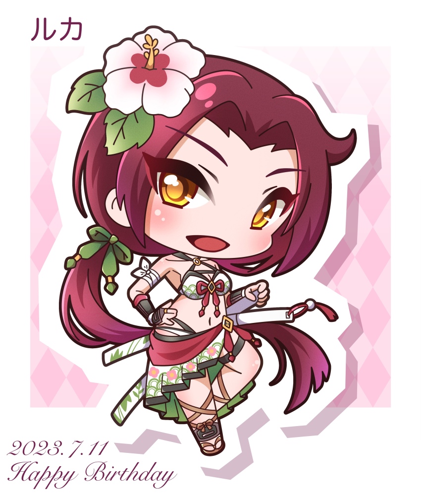 1girl, :d, absurdres, bikini, breasts, brown_eyes, brown_sandals, chibi