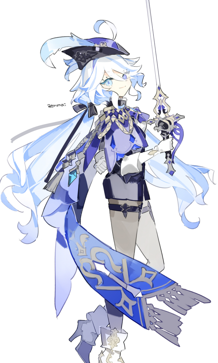 1girl, adapted_costume, ahoge, black_shorts, blue_cape, blue_eyes, blue_hair, blue_hat