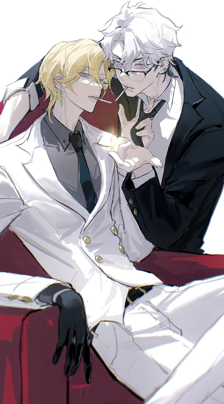 alternate_costume, belt, belt_buckle, black-framed_eyewear, black_belt, black_gloves, black_necktie, black_suit, blonde_hair, blue_eyes, buckle, buttons, chair, cigarette, collar, collared_shirt, crossed_legs, sleeve_cuffs, dress_shirt, ear_piercing, earrings, eunho_(plave), feet_out_of_frame, fire, formal_clothes, glasses, gloves, grey_shirt, hand_up, highres, iiiiika0, jacket, jewelry, leaning_forward, long_sleeves, medium_hair, monocle, multicolored_hair, necktie, noah_(plave), open_clothes, open_jacket, orange_eyes, pants, piercing, plave, pulling_another's_clothes, semi-rimless_eyewear, shirt, simple_background, sitting, smoking, suit, suit_jacket, two-tone_hair, white_background, white_hair, white_pants, white_shirt, white_suit