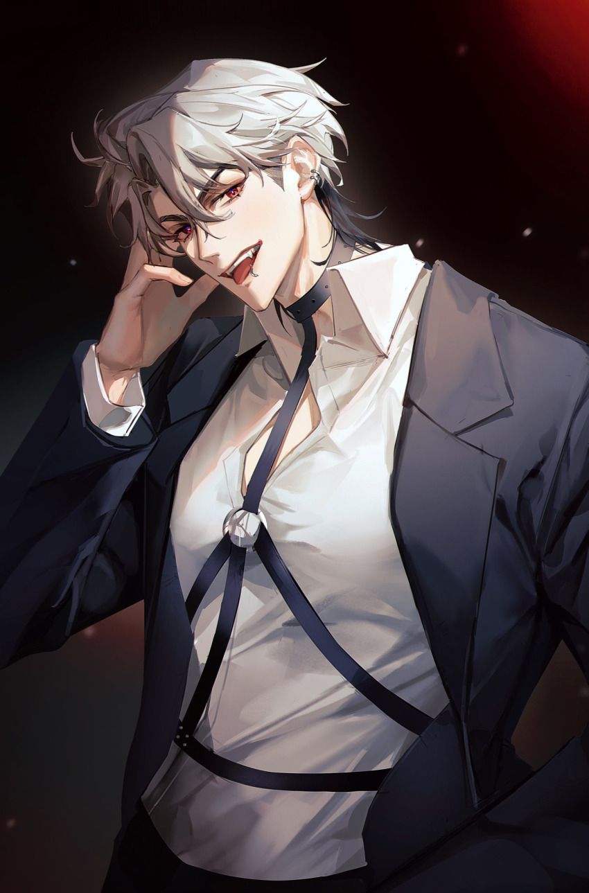 1boy, belt_collar, black_background, black_choker, black_pants, black_suit, bolin_jiazi_gu, choker