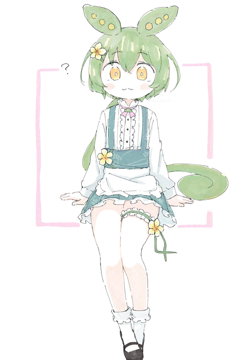 1girl, :3, ?, apron, black_shoes, blue_skirt, brooch, center_frills