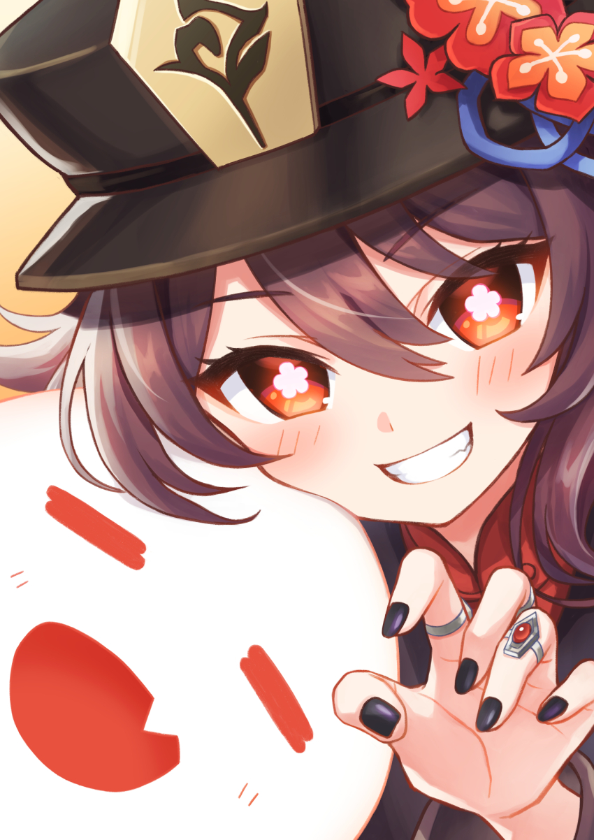 1girl, blush, boo_tao_(genshin_impact), brown_hair, claw_pose, flower, flower-shaped_pupils, genshin_impact