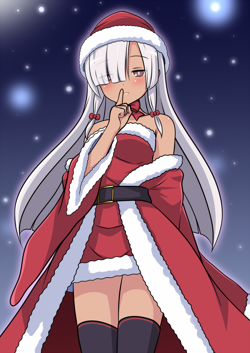 bare_shoulders, belt, black_belt, black_thighhighs, christmas, coat, commentary_request, dark-skinned_female