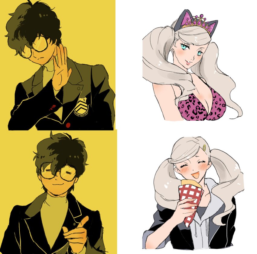 2boys, 2girls, ^_^, amamiya_ren, animal_ear_hairband, animal_ears, animal_print, aqua_eyes