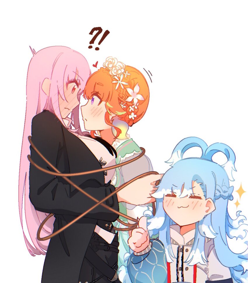 3girls, apron, aqua_apron, black_choker, blue_hair, bodice, braid, breasts