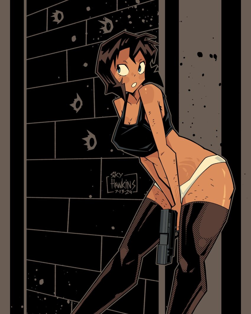 1girl, against_wall, artist_logo, black_hair, black_tank_top, black_thighhighs, collarbone, commentary, crop_top, dated, english_commentary, gun, gunsmith_cats, handgun, highres, holding, holding_gun, holding_weapon, logo, looking_at_viewer, midriff, open_mouth, panties, rally_vincent, short_hair, sky_hawkins, solo, standing, tank_top, thighhighs, tile_wall, tiles, underwear, underwear_only, weapon, white_panties