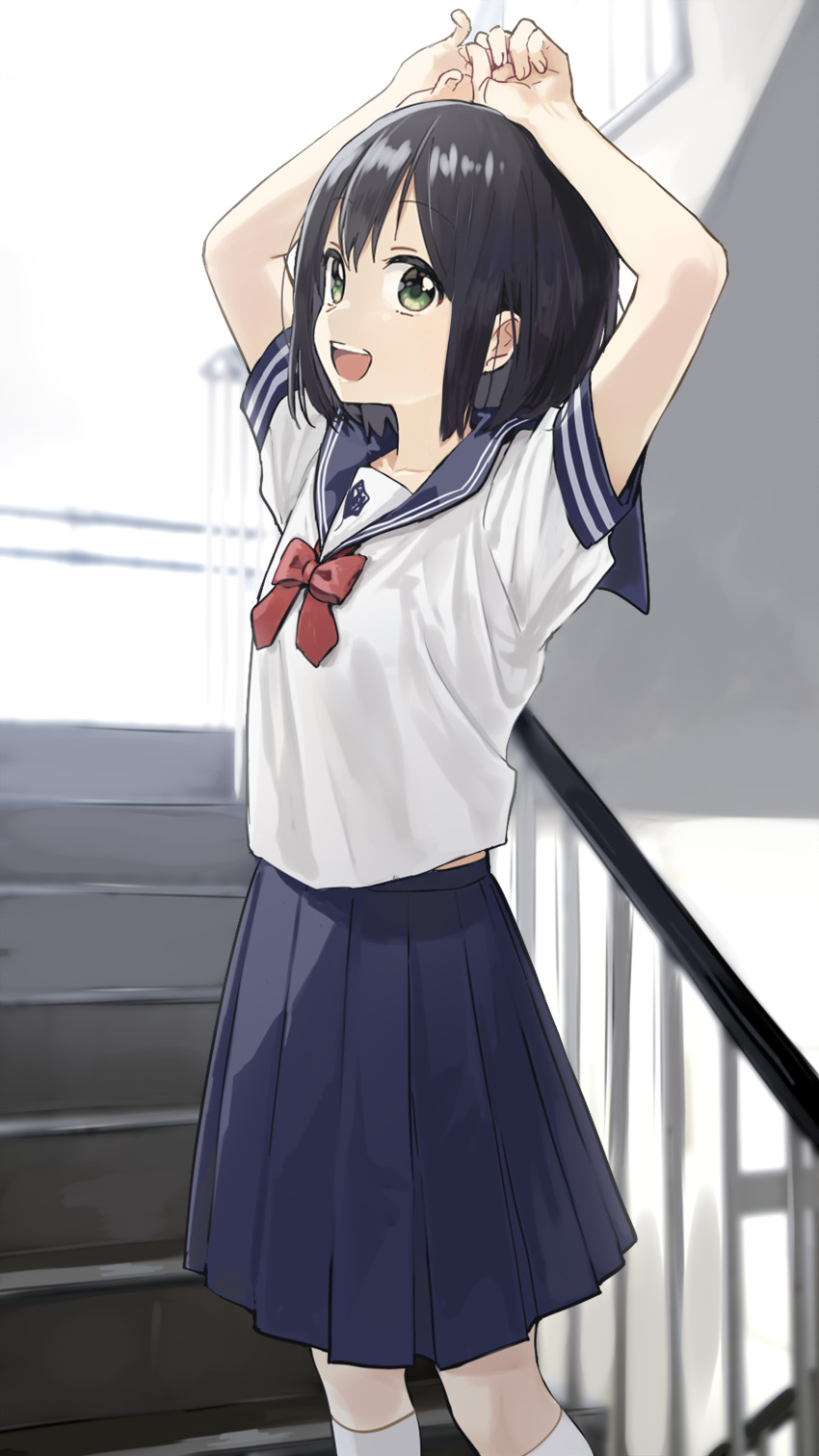 1girl, :d, absurdres, aoi_saki_(senpai_wa_otokonoko), arms_up, black_hair, blue_sailor_collar, blue_skirt
