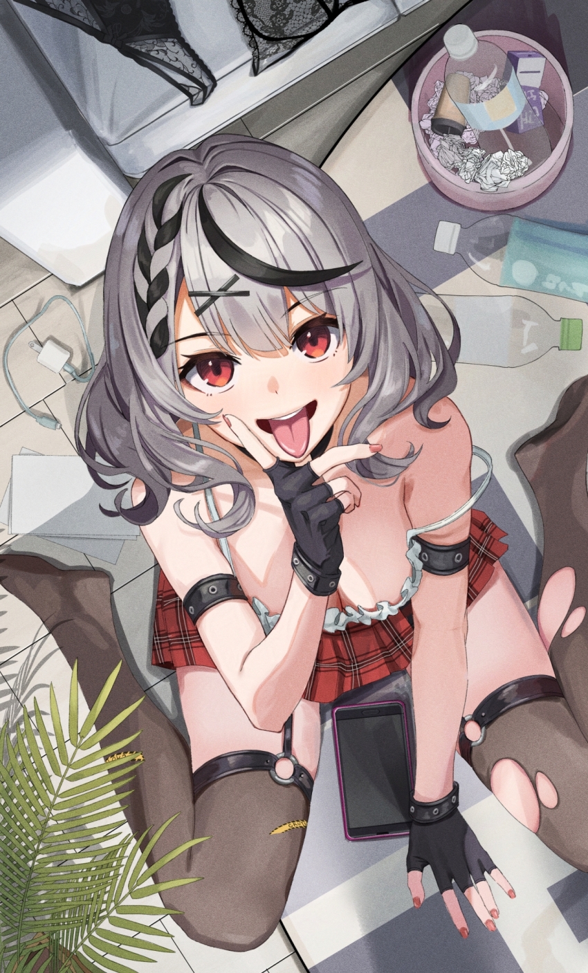 1girl, bare_shoulders, black_hair, black_panties, bra, breasts, camisole, cleavage, deenamaito, fingerless_gloves, frilled_camisole, frills, gloves, grey_hair, hair_ornament, highres, hololive, lace, lace_trim, large_breasts, lingerie, looking_at_viewer, medium_hair, multicolored_hair, o-ring, o-ring_legwear, off-shoulder_jacket, off_shoulder, open_mouth, panties, plaid_clothes, plaid_skirt, red_eyes, sakamata_chloe, skirt, solo, streaked_hair, tongue, tongue_out, underwear, virtual_youtuber, x_hair_ornament