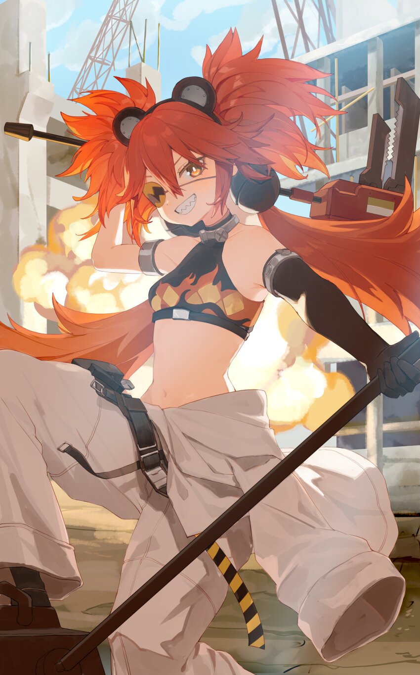 1girl, absurdres, bare_shoulders, black_gloves, black_shirt, breasts, bright_pupils, construction_site, crop_top, dual_wielding, elbow_gloves, explosion, eyepatch, feet_out_of_frame, flame_print, gloves, grin, hair_between_eyes, hair_ornament, hammer, highres, holding, holding_hammer, koleda_belobog, long_hair, looking_at_viewer, medium_breasts, navel, orange_hair, orange_pupils, outdoors, pants, roena, sharp_teeth, shirt, sleeveless, sleeveless_shirt, smile, solo, sphere_hair_ornament, stomach, teeth, twintails, white_pants, white_pupils, zenless_zone_zero