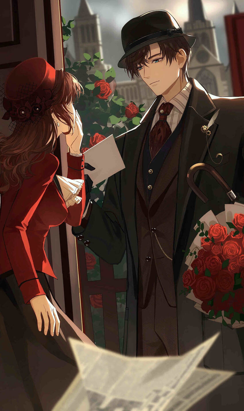 1boy, 1girl, absurdres, artem_wing_(tears_of_themis), black_coat, black_gloves, blue_eyes, blurry