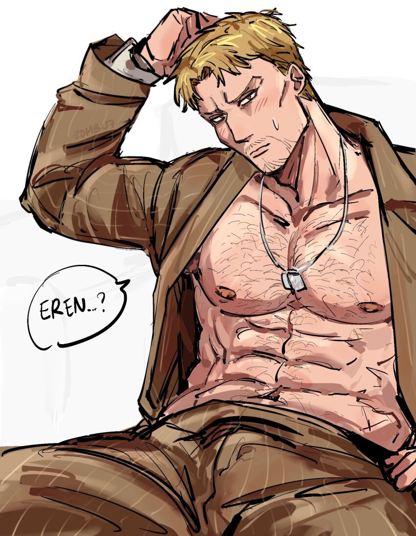 1boy, abs, beard_stubble, blonde_hair, blush, brown_coat, brown_pants, cheekbones
