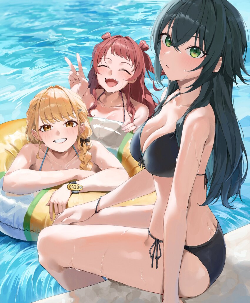 3girls, ^_^, bikini, black_bikini, blonde_hair, blush, braid, breasts