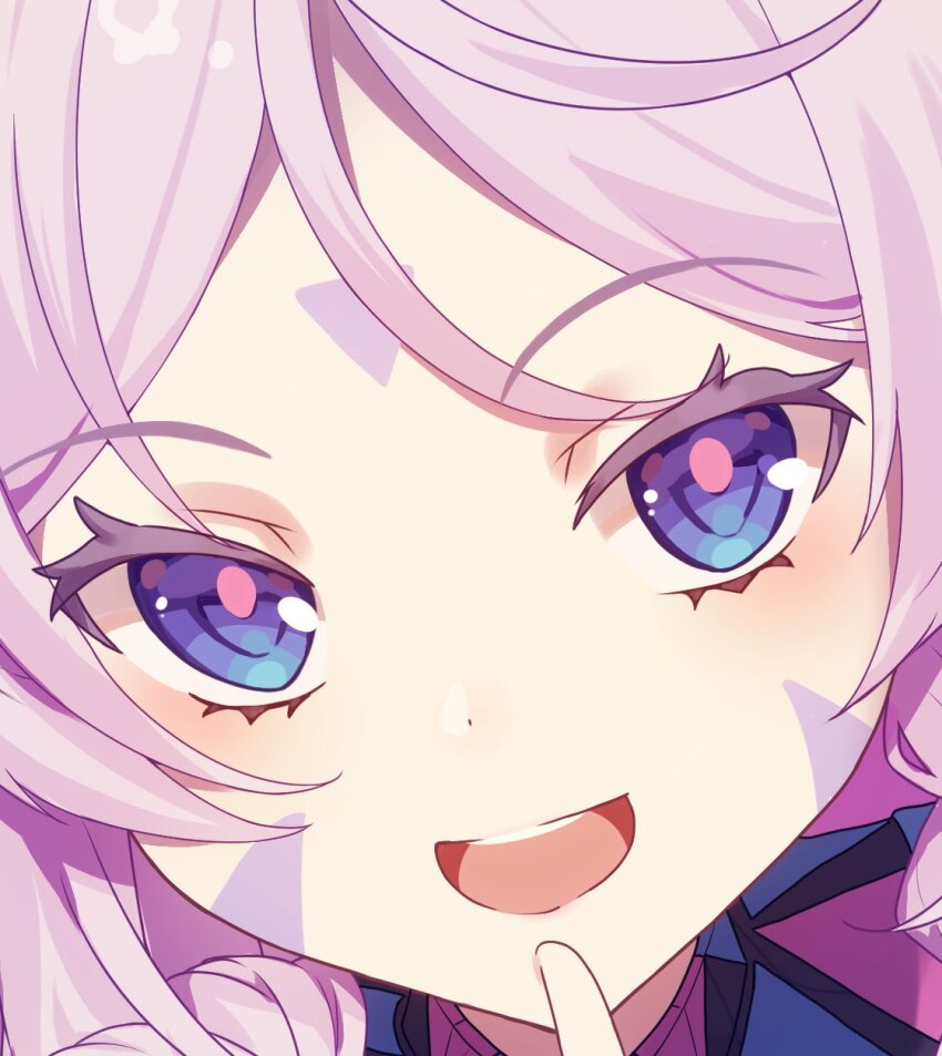 1girl, :d, blue_eyes, citlali_(genshin_impact), colored_eyelashes, facial_mark, forehead_mark, genshin_impact, highres, looking_at_viewer, open_mouth, pink_hair, smile, solo, tsubame-tsubame-, unfinished