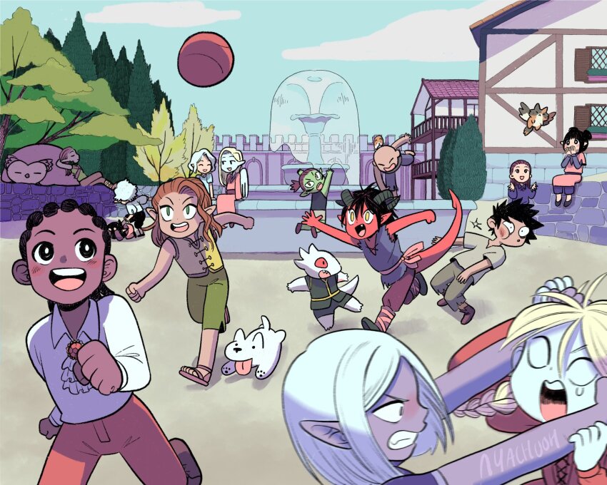 6+boys, 6+girls, aged_down, artist_name, ascot, astarion, baldur's_gate, baldur's_gate_3, ball, black_eyes, black_hair, blue_sky, boo_(baldur's_gate), brown_hair, building, child, clenched_teeth, cloud, collared_shirt, colored_skin, commentary, dame_aylin, dark-skinned_male, dark_skin, day, demon_horns, demon_tail, dog, dungeons_&amp;_dragons, elf, english_commentary, enver_gortash, everyone, fang, fighting, fountain, gale_(baldur's_gate), green_eyes, group_picture, halsin, highres, horns, isobel_(baldur's_gate), jumping, kagha, karlach, lae'zel, medium_hair, minsc, minthara, multiple_boys, multiple_girls, nyachooh, open_mouth, orin_the_red, outdoors, owlbear, pants, pointy_ears, purple_skin, red_pants, red_skin, running, sandals, shadowheart_(baldur's_gate), shirt, short_hair, signature, sitting, sky, smile, tail, tail_slapping, tara_(baldur's_gate), tav_(baldur's_gate), teeth, the_dark_urge_(baldur's_gate), tiefling, tree, white_shirt, wyll_(baldur's_gate), yellow_eyes