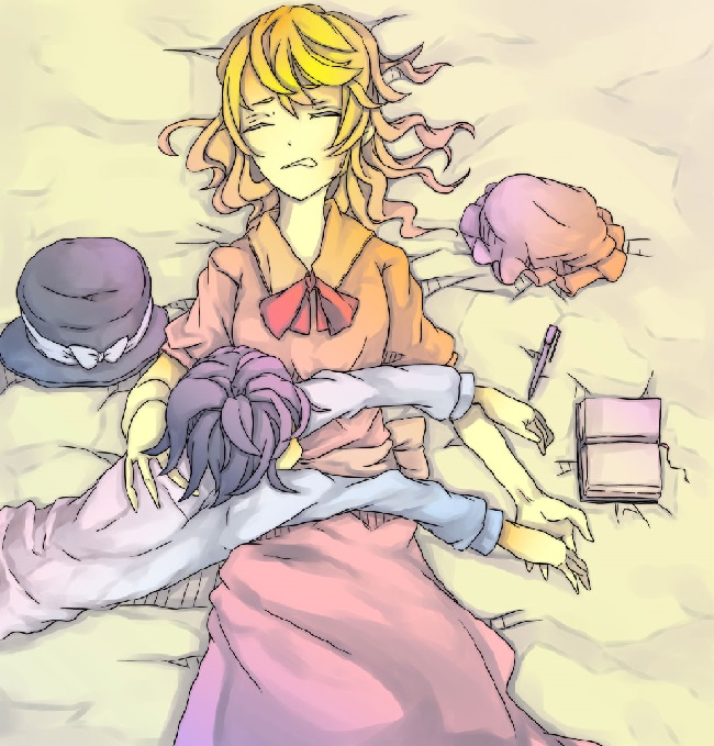 2girls, itsuki_o, lying_on_person, maribel_hearn, multiple_girls, tagme, touhou, usami_renko