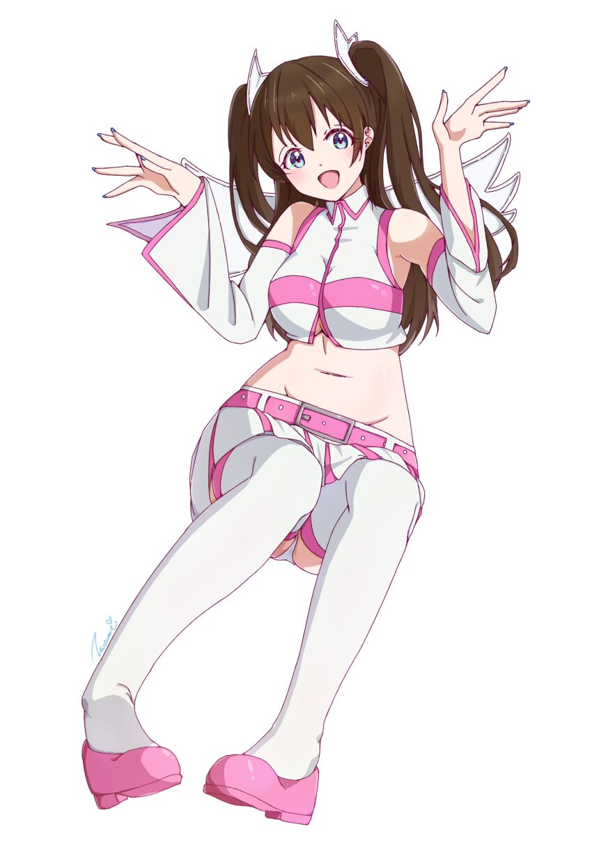 1girl, 2.5_jigen_no_ririsa, belt, blue_eyes, breasts, brown_hair, commentary_request, cosplay