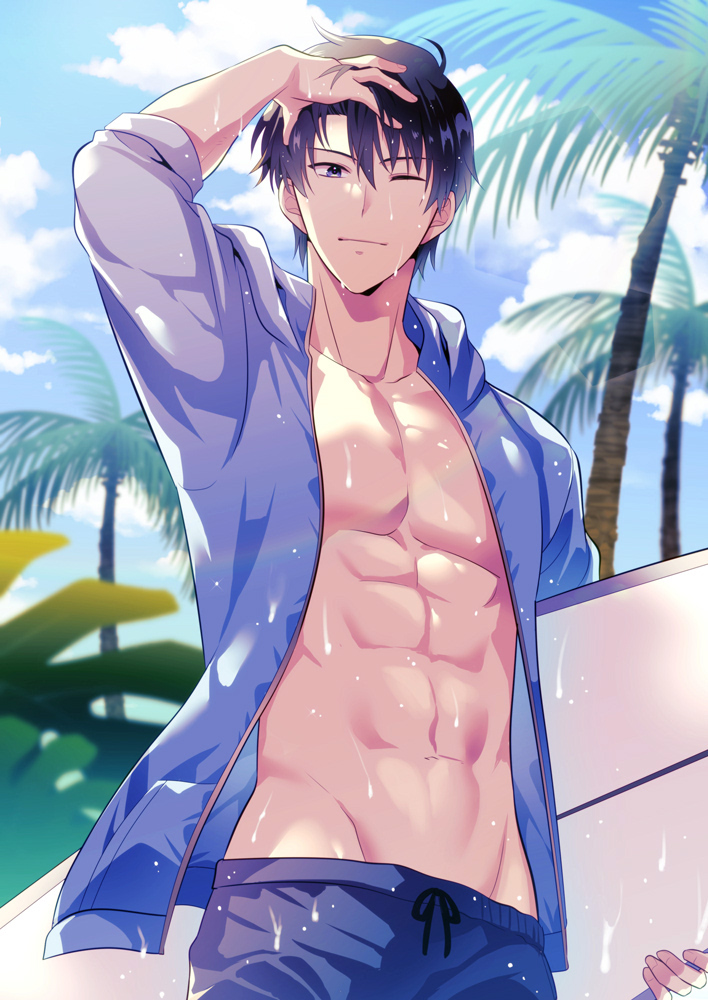 1boy, black_hair, blue_pants, blue_sky, cloud, hand_up, hood, hoodie