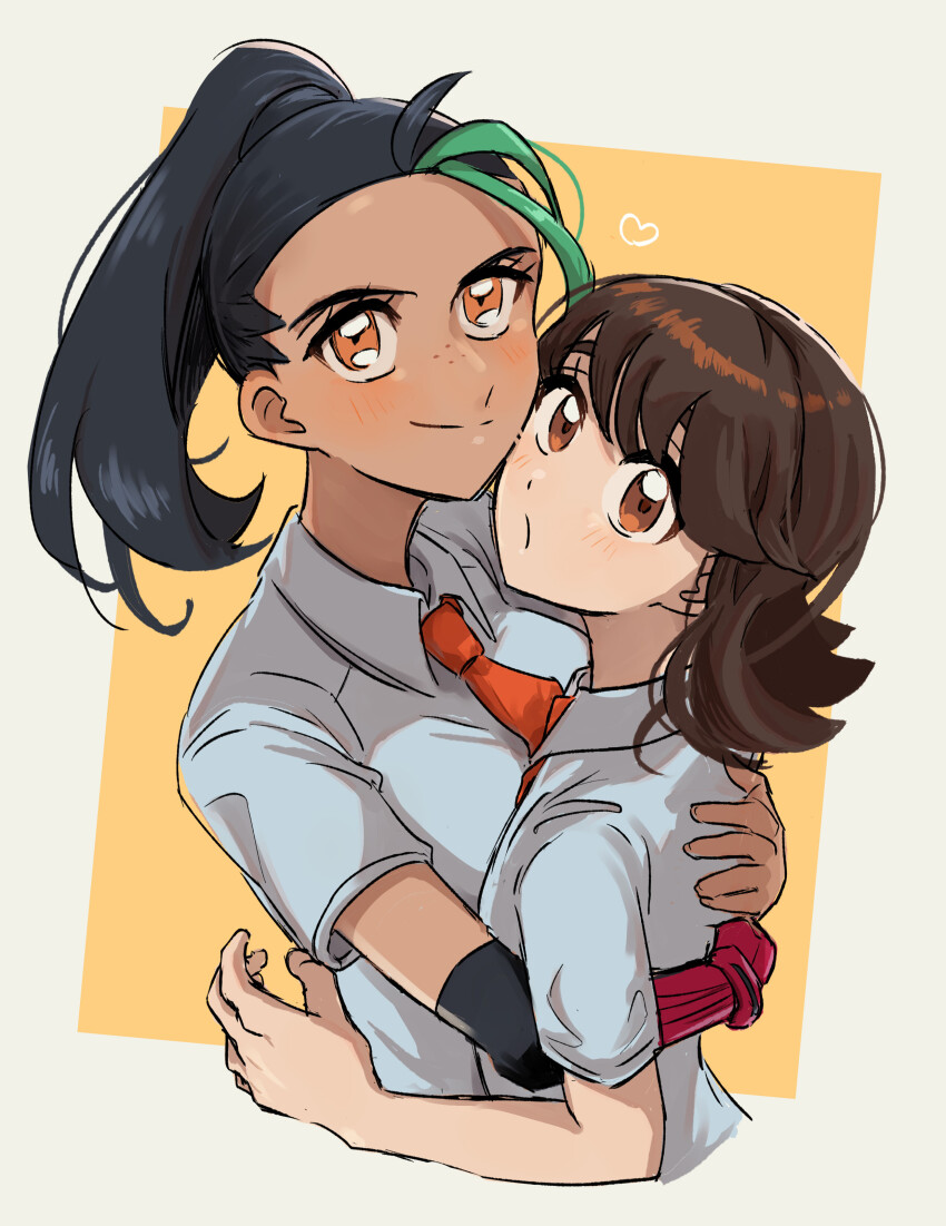 2girls, absurdres, anna_(pokemon), arm_guards, black_hair, blush, bracer, brown_eyes