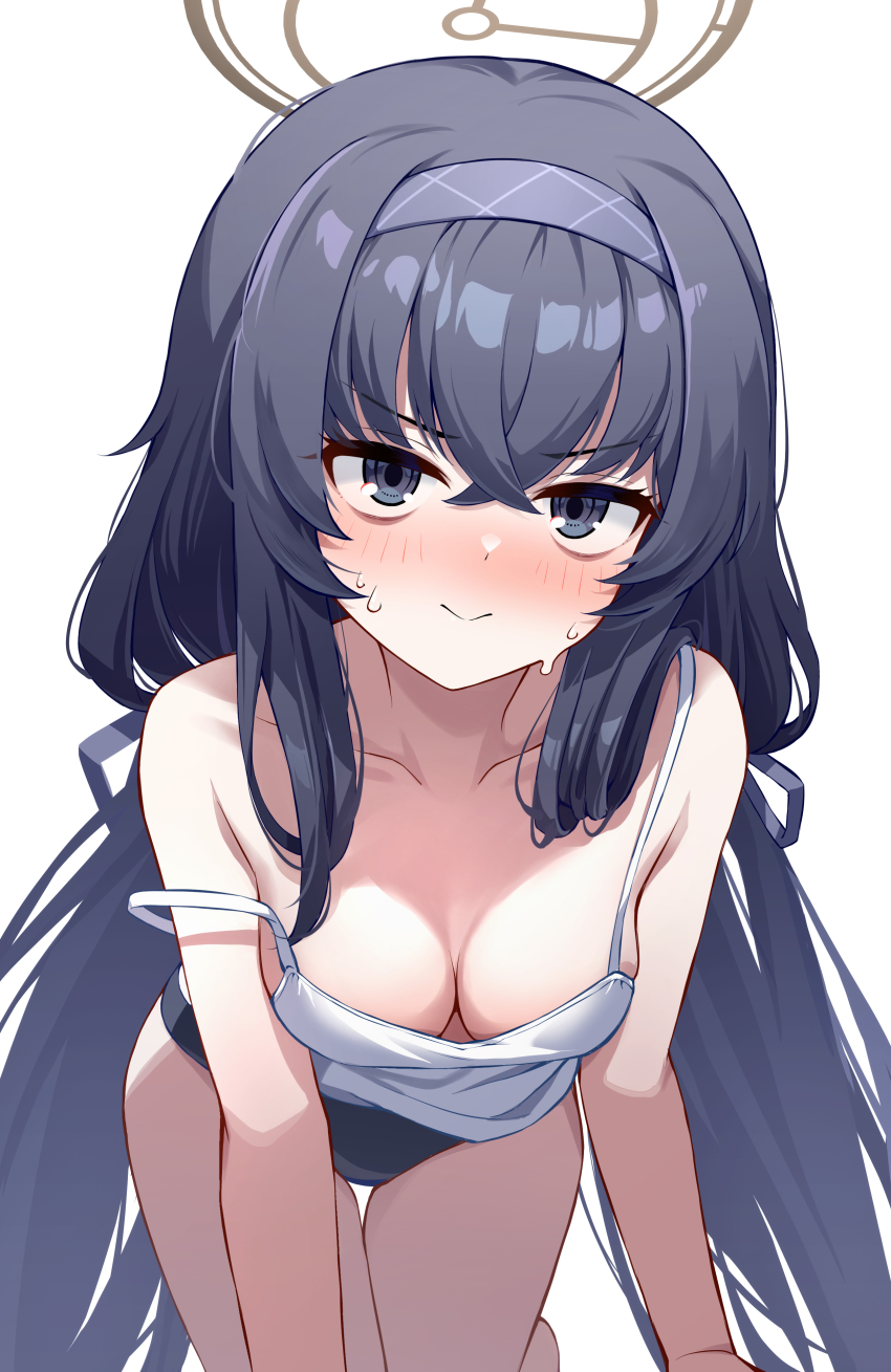 1girl, absurdres, all_fours, bare_shoulders, bent_over, black_panties, blue_archive, blue_eyes, blue_hair, blush, breasts, hair_between_eyes, hairband, halo, highres, long_hair, medium_breasts, panties, simple_background, smile, solo, spaghetti_strap, strap_slip, sweatdrop, ui_(blue_archive), underwear, very_long_hair, white_background, yeogpu_(seung832222)