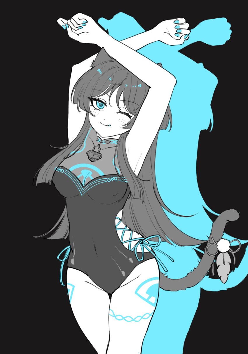 1girl, alternate_costume, animal_ears, aqua_eyes, aqua_nails, armpits, arms_up, black_hair