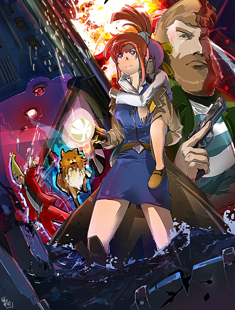 2boys, 2girls, badge, beard, belt, blonde_hair, boots, brown_hair