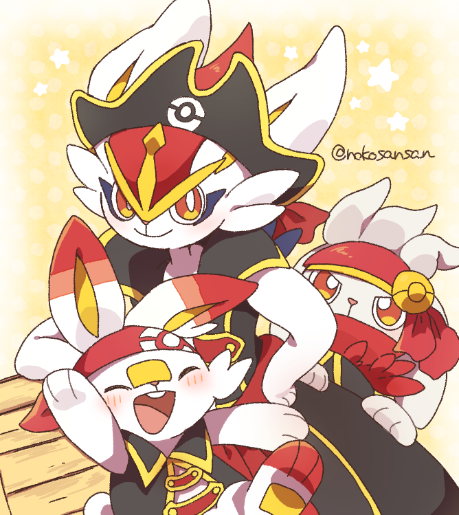 artist_name, bandana, black_hat, black_jacket, blush, bright_pupils, cinderace, cinderace_(captain)