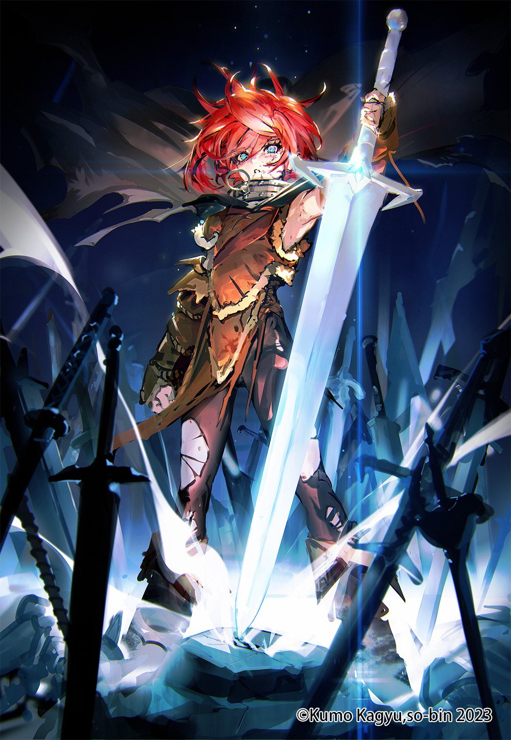 1girl, arm_up, artist_name, black_pants, blade_&amp;_bastard, blue_eyes, brown_cloak, brown_shirt, cloak, collar, copyright_notice, full_body, fur_trim, garbage_(blade_&amp;_bastard), gem, glowing, glowing_sword, glowing_weapon, greatsword, highres, huge_weapon, injury, looking_at_viewer, metal_collar, multiple_swords, multiple_weapons, official_art, pants, parted_lips, red_hair, shirt, short_hair, sleeveless, sleeveless_shirt, so-bin, solo, sword, torn_cloak, torn_clothes, torn_pants, weapon, wind, wizardry