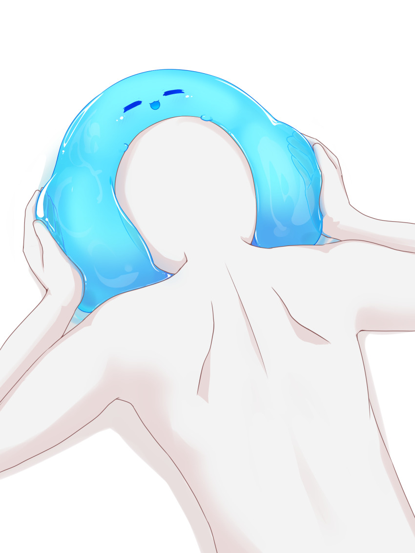 1boy, 1other, :3, bald, creature, from_behind, happy, head_on_another's_stomach