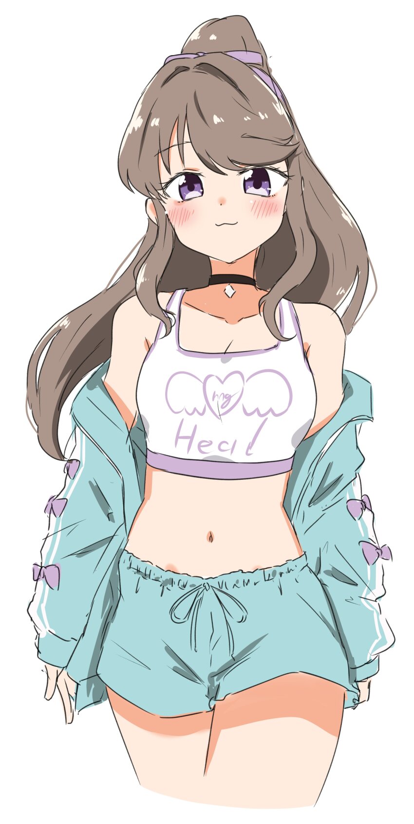 1girl, :3, absurdres, alternate_costume, aqua_jacket, aqua_shorts, black_choker, blush