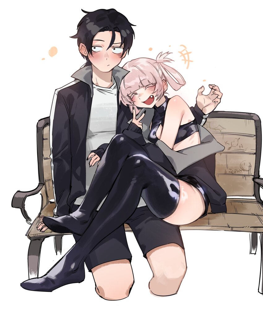 1boy, 1girl, :/, absurdres, bare_shoulders, bench, black_footwear, black_hair
