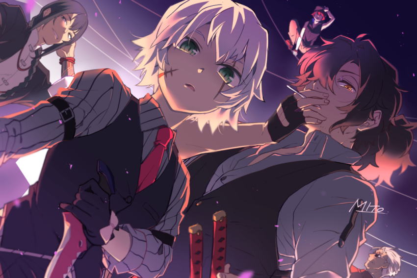 1girl, 4boys, arm_belt, backlighting, baseball_cap, belt, belt_buckle, black_belt