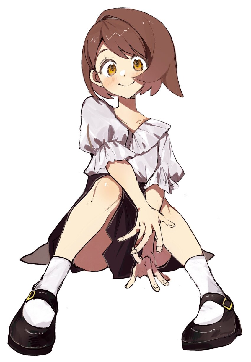 1girl, alternate_costume, black_shoes, black_skirt, bob_cut, brown_hair, fukuzawa_(huku486), full_body