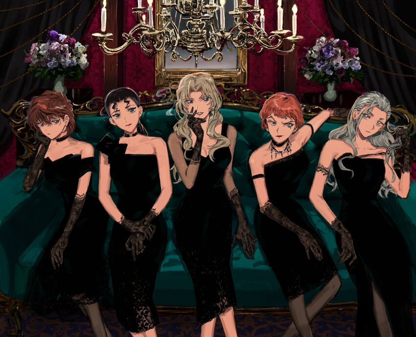 5girls, armband, black_dress, black_hair, blonde_hair, blue_eyes, breasts, brown_hair