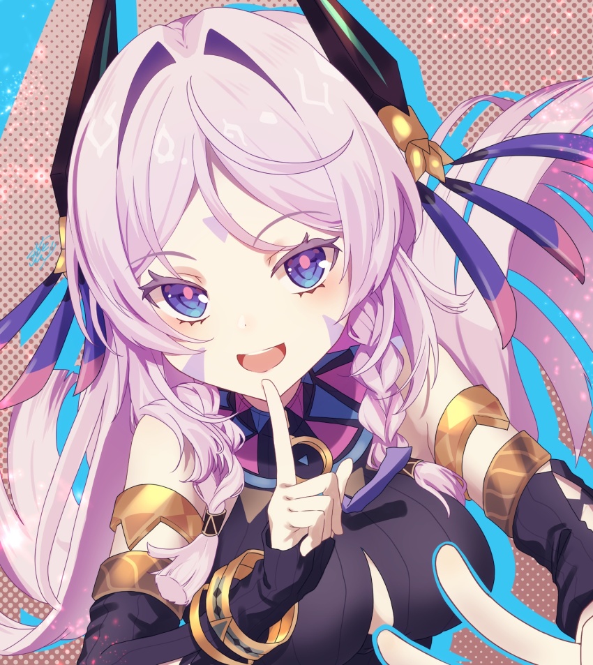 1girl, :d, armlet, bare_shoulders, blue_eyes, breasts, citlali_(genshin_impact), colored_eyelashes, facial_mark, forehead_mark, genshin_impact, hair_intakes, highres, jewelry, large_breasts, looking_at_viewer, open_mouth, pink_hair, smile, solo, tsubame-tsubame-, upper_body