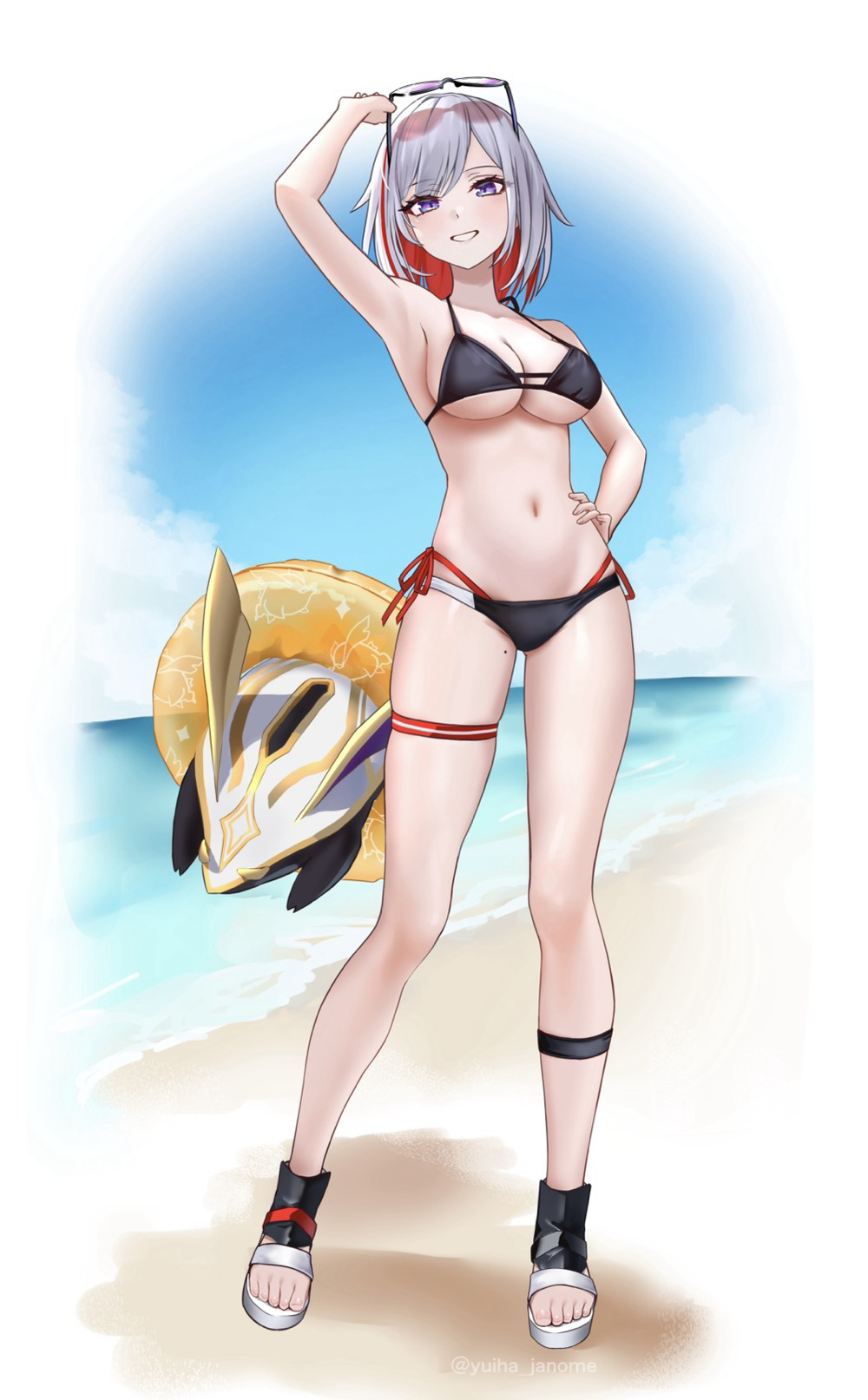 1girl, alternate_costume, arm_up, armpits, bikini, black_bikini, full_body, grey_hair