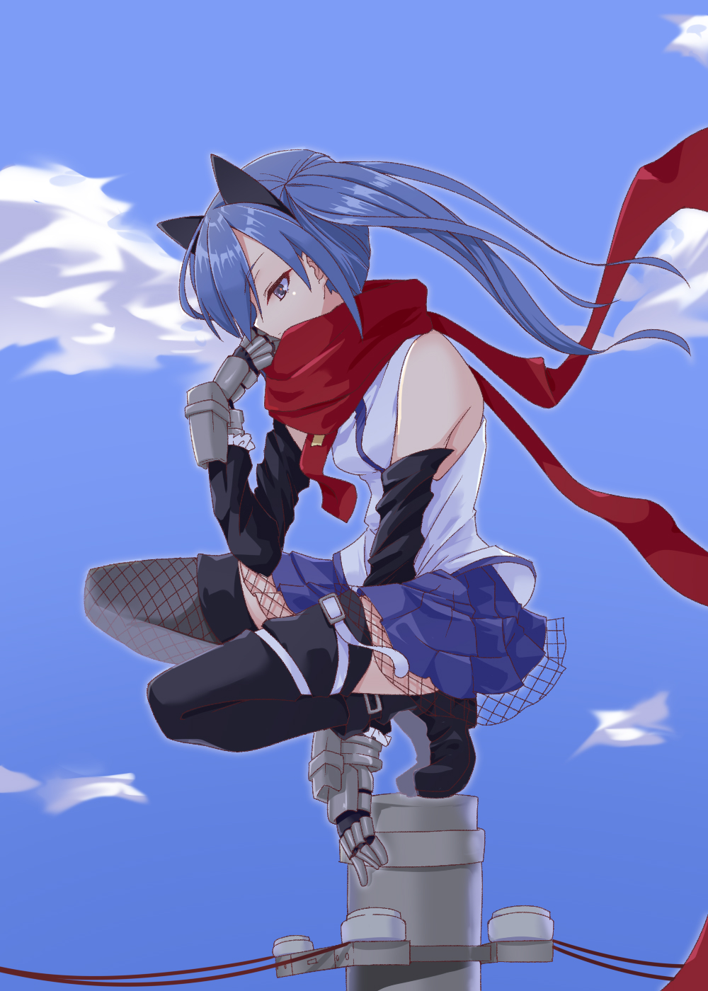 1girl, animal_ears, assault_lily, asymmetrical_legwear, bare_shoulders, belt, between_legs, black_boots