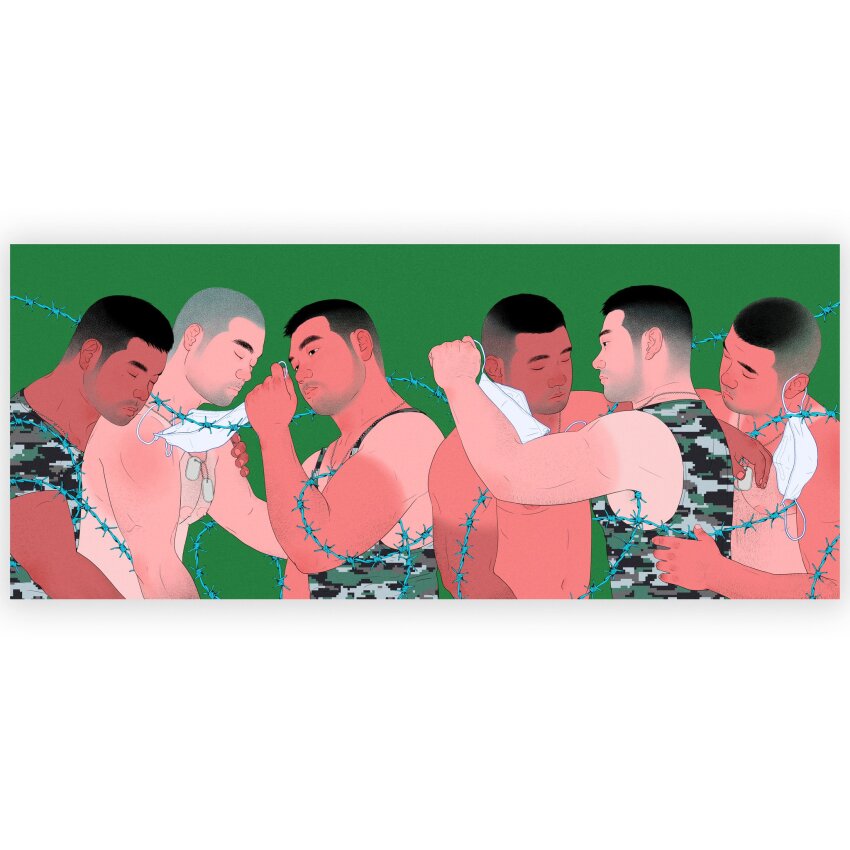 6+boys, bara, beard_stubble, black_hair, closed_eyes, dog_tags, facial_hair, from_side