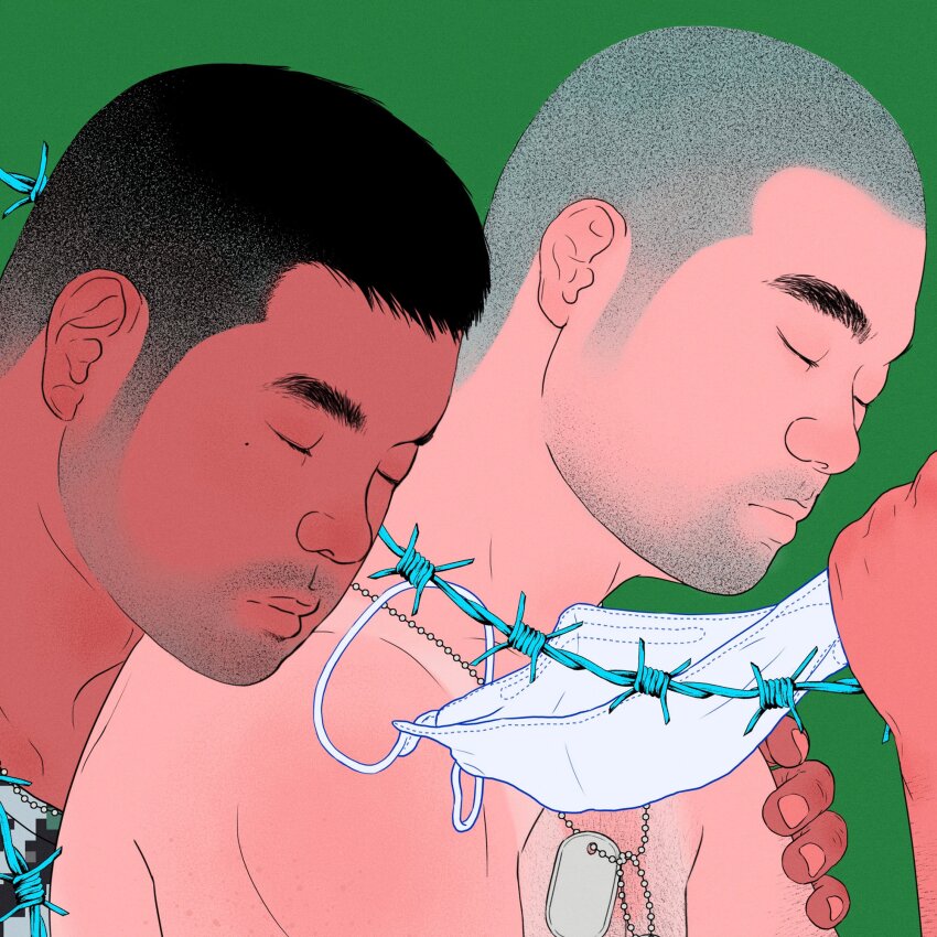 3boys, bara, beard_stubble, black_hair, closed_eyes, dark-skinned_male, dark_skin, dog_tags, facial_hair, from_side, hand_on_another's_shoulder, head_on_another's_shoulder, highres, jun_(sozzzjun), male_focus, mask, mature_male, medium_sideburns, mole, mole_under_eye, mouth_mask, multiple_boys, muscular, muscular_male, mustache_stubble, original, realistic, sideburns, sideburns_stubble, stubble, symbolism, tan, tanline, thick_eyebrows, upper_body, yaoi