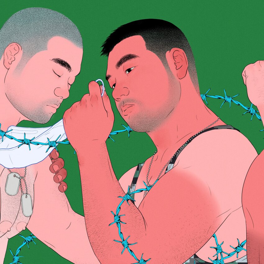 2boys, bara, beard_stubble, black_hair, closed_eyes, dog_tags, facial_hair, from_side, highres, jun_(sozzzjun), male_focus, mature_male, medium_sideburns, multiple_boys, muscular, muscular_male, mustache_stubble, original, profile, realistic, sideburns, sideburns_stubble, stubble, symbolism, tan, tanline, thick_eyebrows, upper_body, yaoi