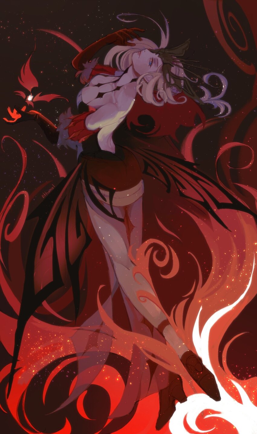 1girl, 1other, bare_shoulders, black_gloves, black_mask, blonde_hair, blue_eyes, breasts, butterfly_mask, cleavage, crimson_lotus_moth_(genshin_impact), dress, elbow_gloves, ethanol_(bruhtanol), eye_mask, fire, fishnet_gloves, fishnets, genshin_impact, gloves, gnosis_(genshin_impact), half_mask, highres, insect_wings, lace-trimmed_eyepatch, large_breasts, long_hair, looking_at_viewer, mask, mask_over_one_eye, moth_wings, one_eye_covered, signora_(genshin_impact), smile, strapless, strapless_dress, studded_gloves, wings