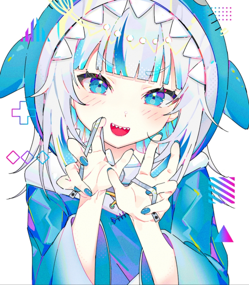 1girl, absurdres, animal_costume, animal_hood, blue_eyes, blue_hair, blue_hoodie, blue_nails