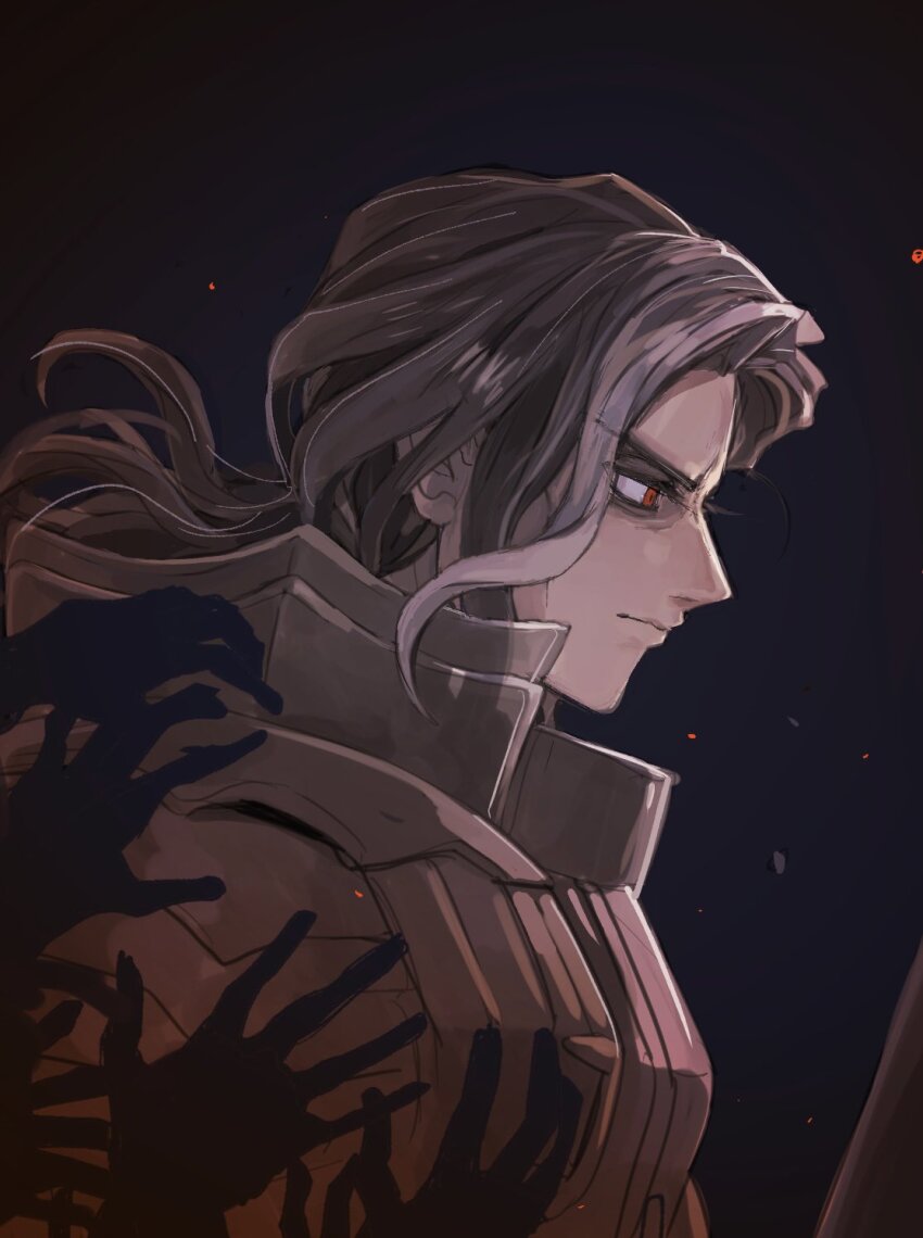 1boy, armor, black_background, black_hair, closed_mouth, embers, from_side, grey_hair