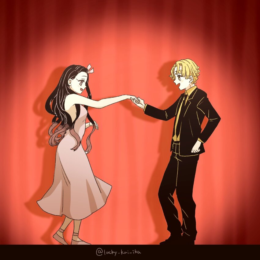 1boy, 1girl, agatsuma_zenitsu, bare_arms, black_hair, black_jacket, black_necktie, black_pants, blonde_hair, commentary_request, curtains, dancing, dress, full_body, gradient_hair, highres, holding_hands, jacket, kamado_nezuko, kekkai_sensen, kimetsu_no_yaiba, long_hair, long_sleeves, lucky_kai_ika, multicolored_hair, necktie, open_mouth, pants, pink_dress, pink_eyes, pink_hair, shirt, sleeveless, sleeveless_dress, smile, sugar_song_and_bitter_step, very_long_hair, yellow_eyes, yellow_shirt