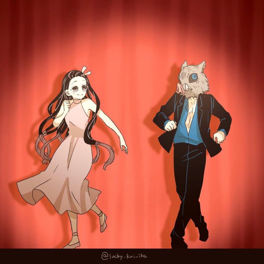 1boy, 1girl, bare_arms, black_hair, black_jacket, black_pants, blue_shirt, boar_mask