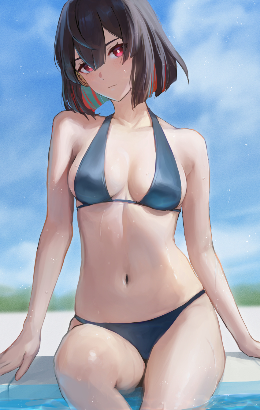 1girl, arm_support, bare_arms, bare_legs, bare_shoulders, bikini, black_hair, blue_bikini, blurry, blurry_background, breasts, closed_mouth, commentary_request, cowboy_shot, day, expressionless, hair_between_eyes, head_tilt, highres, honkai:_star_rail, honkai_(series), looking_at_viewer, michiko_(ui29), multicolored_hair, navel, outdoors, pool, red_eyes, red_hair, short_hair, sideboob, sitting, soaking_feet, solo, stomach, swimsuit, wet, xueyi_(honkai:_star_rail)