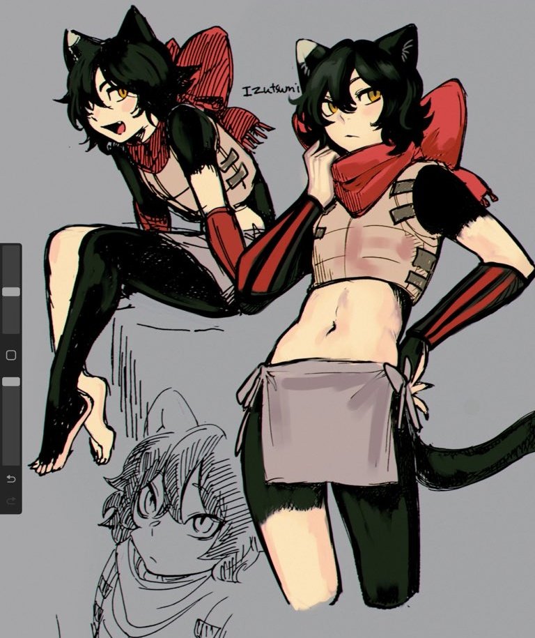 1girl, animal_ears, bare_legs, black_hair, black_skin, bow, brown_vest, cat_ears, cat_girl, cat_tail, colored_skin, dungeon_meshi, grey_background, grey_skirt, izutsumi, multiple_views, ray_(rayosechi), red_bow, scarf, scarf_bow, short_hair, side_slit, simple_background, skirt, tail, vambraces, vest